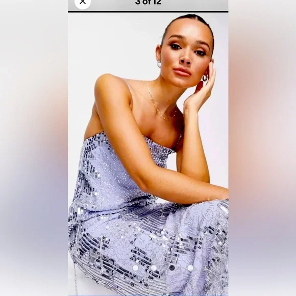 NWT ASOS Lavender, Silver Sequin Floral Midi w/ Faux Feather Hem Size 12 - Picture 3 of 16